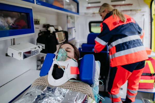 Rescuer Taking Care Patient Preparing Her Transport — Stock Photo, Image