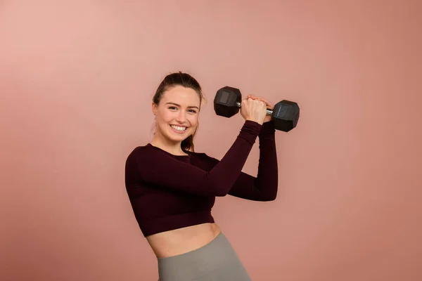 Portrait Young Woman Sportive Clothes Dumbbell — Stockfoto