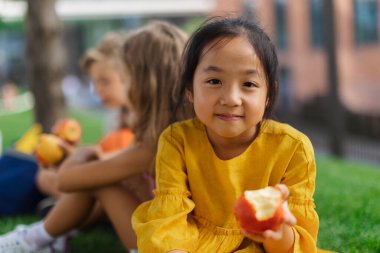 Mutlu dört arkadaş çimenlerde uzanıyor, el ele tutuşuyor ve eğleniyorlar. Üst görünüm.