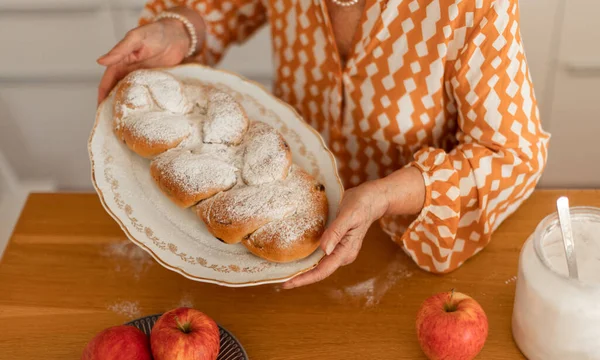 Happy Senior Woman Holding Homemade Sweet Braided Bread Raisins — Stock Photo, Image
