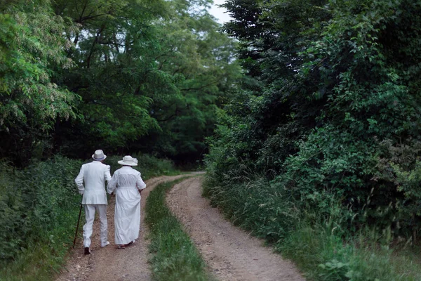 Rear View Senior Couple Having Wedding Photography Forest Summer Day — 스톡 사진