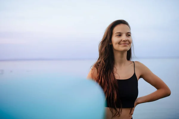 Young Beautiful Sportive Girl Paddleboard Lake Sunrise — Stok Foto