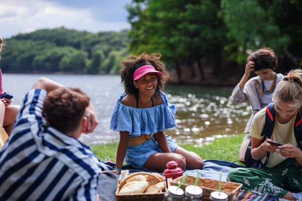 Group Multiracial Young Friends Camping Lake Having Barbecue Together — Foto de Stock