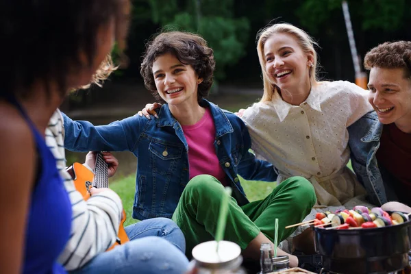 Group Multiracial Young Friends Camping Lake Having Barbecue Together Close — Stock Photo, Image