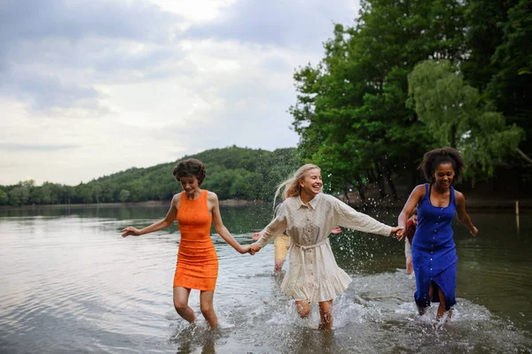 Multiracial Group Young Friends Holding Hands Standing Lake Summer Having — Fotografia de Stock
