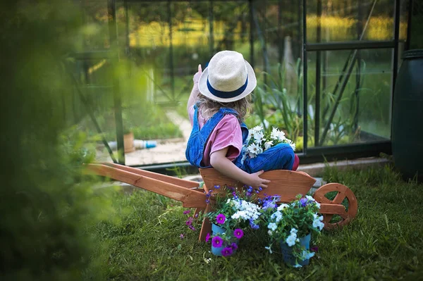 Küçük Kız Bahçede Çiçeklerle Dolu Tahta Arabasıyla Oynuyor — Stok fotoğraf