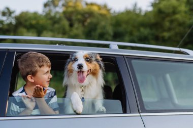 Küçük kız ve köpeği arabada oturuyor, aile gezisine hazırlanıyorlar.,