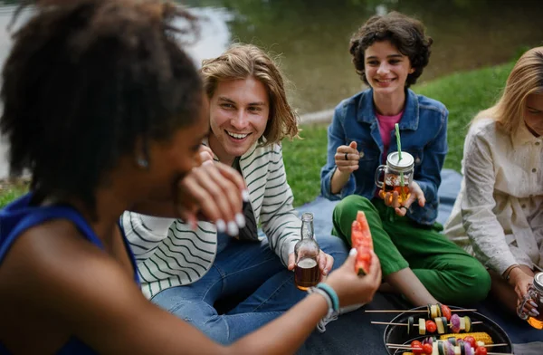 Group Multiracial Young Friends Camping Lake Having Barbecue Together — Photo