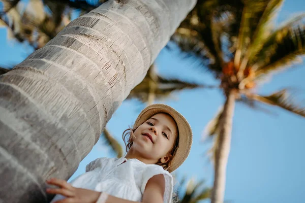 Gadis Kecil Yang Bahagia Memeluk Pohon Palem Selama Liburan Tropis — Stok Foto