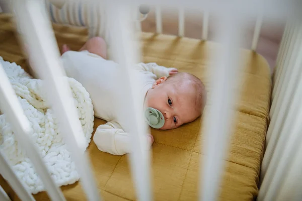 Sudut Pandang Tinggi Bayi Yang Baru Lahir Tempat Tidur Kecil — Stok Foto