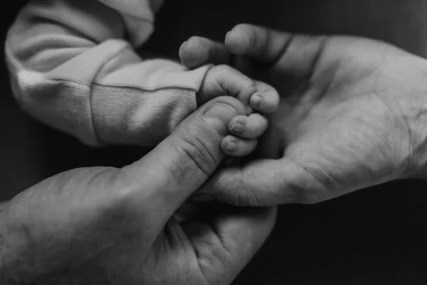 彼らの生まれたばかりの息子 黒と白のイメージの手を握っている両親のクローズアップ — ストック写真