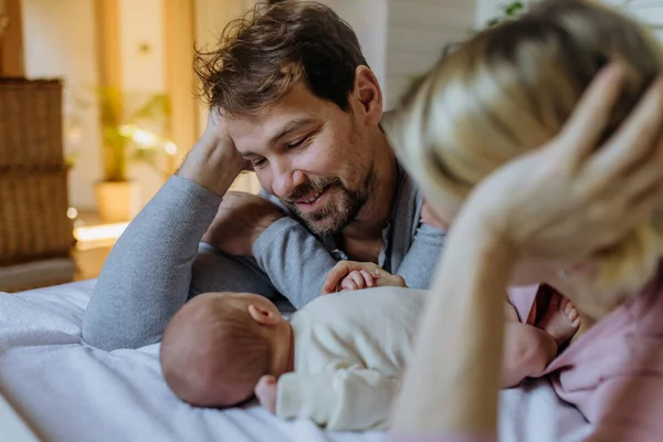 Close Parents Cuddling Newborn Son — Stok Foto