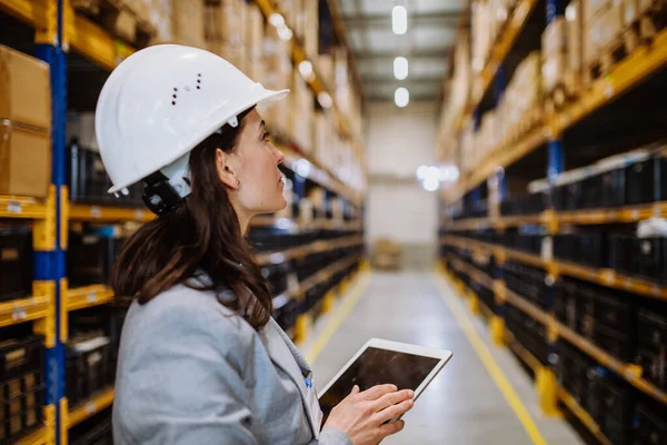 Manager Woman Suit Controlling Goods Warehouse — Fotografia de Stock