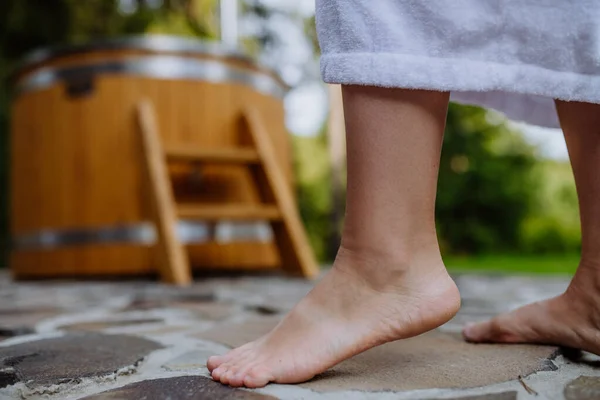 Lowsection Woman Bathrobe Standing Barefoot Terrace Hot Tub Enjoy Walking — Zdjęcie stockowe