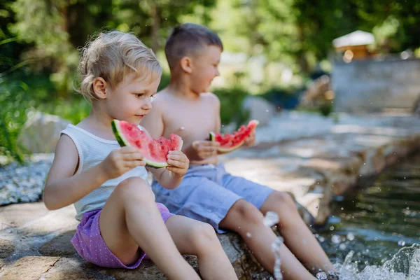 Little Chidren Sitting Lake Eating Watermelon Hot Sunny Day Summer — Stockfoto