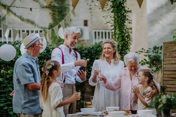 Mature Bride Groom Toasting Guests Wedding Reception Backyard — Fotografia de Stock
