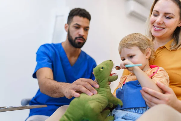 Young Dentist Showing Little Girl How Clean Teeth Soft Toy — Stock Photo, Image