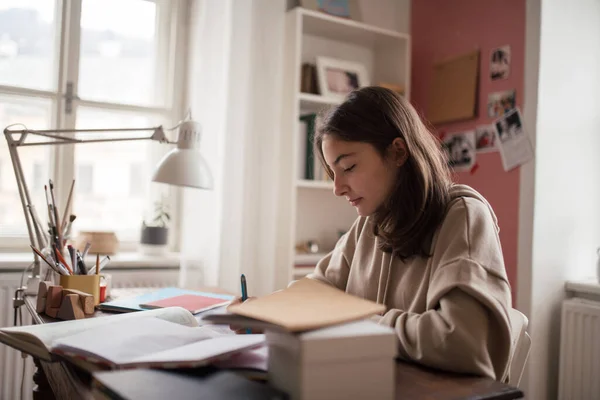 Genç Kız Odasında Ders Çalışıyor Ödev Yapıyor — Stok fotoğraf