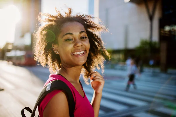 Multiracial Teenage Girl Walking Modern City Centre Summer Sunset Side — Foto Stock