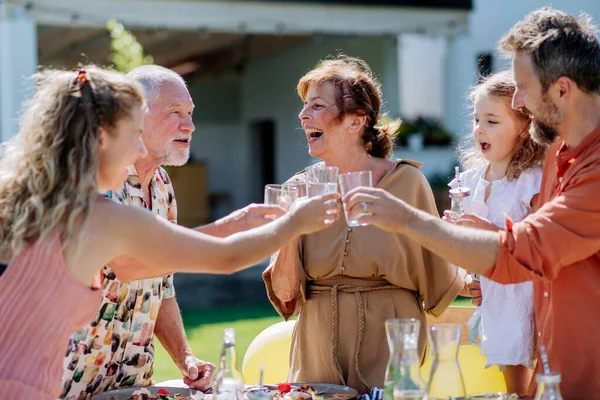Multi Generation Family Having Garden Party Celebration Toasting Laughing — Stockfoto