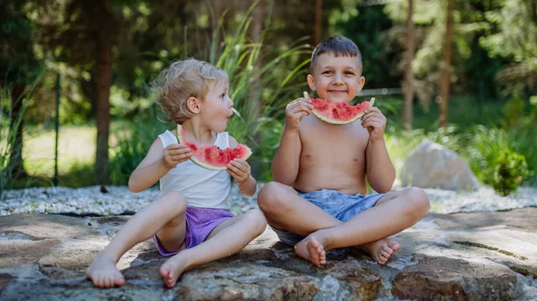 Kleine Kinderen Zitten Bij Een Meer Eten Watermeloen Hete Zonnige — Stockfoto