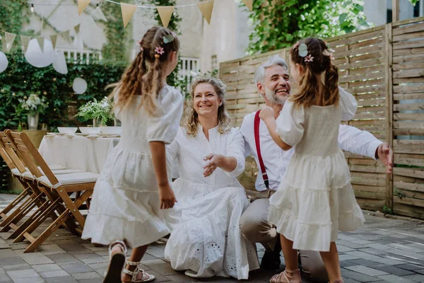Mature Bride Groom Receiving Congratulations Wedding Reception Backyard — Zdjęcie stockowe