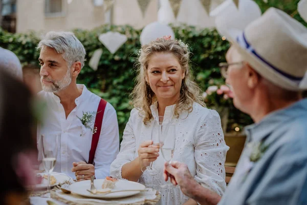 Mature Bride Groom Toasting Guests Wedding Reception Backyard — Stok fotoğraf
