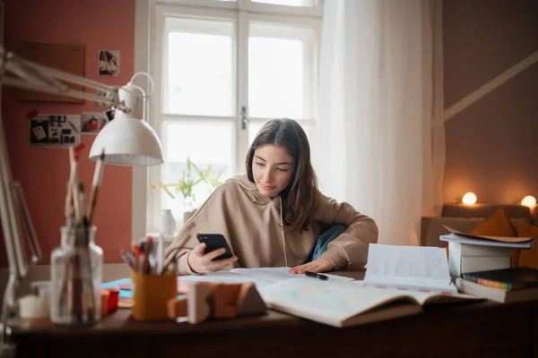 Junge Teenager Mädchen Lernen Und Hausaufgaben Machen Ihrem Zimmer — Stockfoto