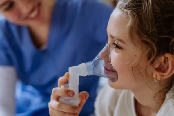 Little Girl Inhaler Hospital Room Nurse Chcecking Her — Stock Photo, Image