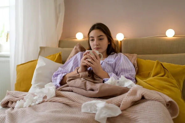 Sick Teenage Girl Laying Bed Cup Tea — Stock Photo, Image