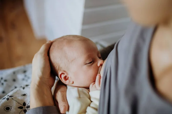 Close Mother Brestfeeding Her Little Newborn Son — Stok fotoğraf