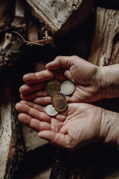 Kırış Kırış Ellerde Bozuk Para Tutarken — Stok fotoğraf