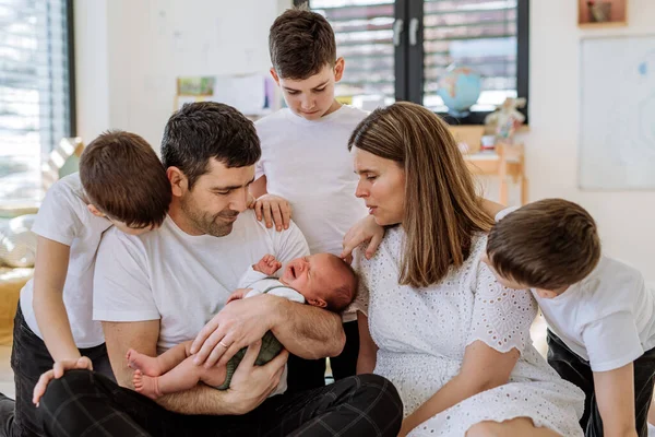 Big Family Four Sons Enjoying Newborn Baby — Stock Photo, Image