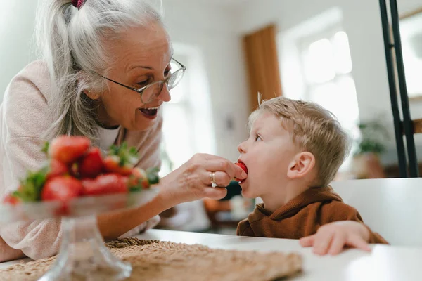Großmutter Schenkt Ihrem Enkel Selbstgemachte Erdbeeren — Stockfoto