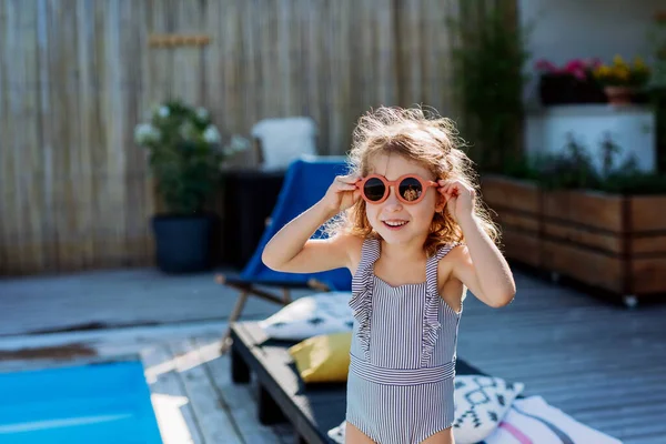Portrait Little Girl Swimsuit Sunglasses — Stock Photo, Image