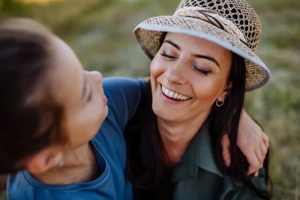 Happy Affectionate Mother Daughter Hugging Sunset — Stock Photo, Image