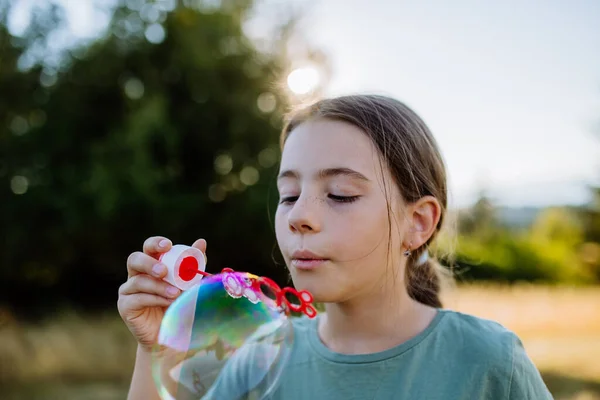 Little Girl Having Fun While Blowing Soap Bubbles Summer Day — ストック写真