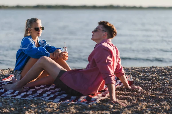 Happy Young Couple Dating Together Beach Sitting Blanket Having Toast — Stockfoto