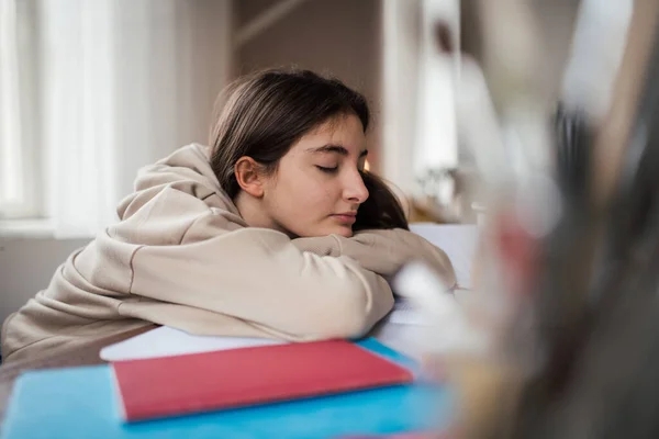 Adolescente Menina Adormecer Durante Estudo Quarto — Fotografia de Stock