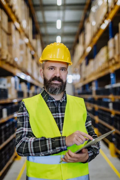 Portrait Warehouse Worker Supervisor Digital Tablet — Stok fotoğraf