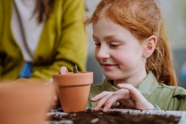 Gelukkig Klein Meisje Kijken Naar Groeiende Plant Een Keramiek Pot — Stockfoto