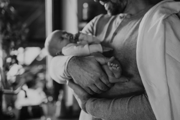 Close Father Holding His Little New Born Baby Black White — Stock Photo, Image