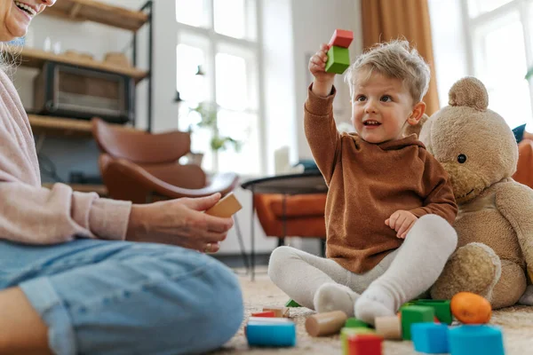 Großmutter Spielt Mit Ihrem Kleinen Enkel Und Baut Einen Block — Stockfoto