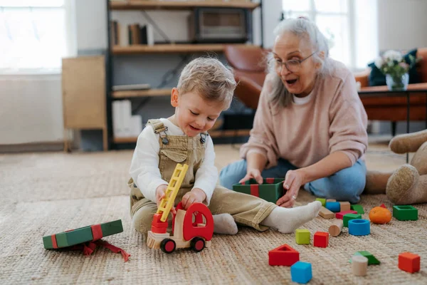 Großmutter Spielt Mit Ihrem Kleinen Enkel Und Baut Einen Block — Stockfoto