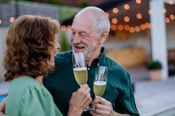 Man His Wife Celebrating Birthday Toasting Wine Backyard Pool — Zdjęcie stockowe