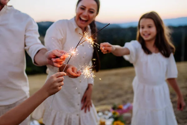 Happy Family Children Having Picnic Park Clebrating Sparklers — Stockfoto