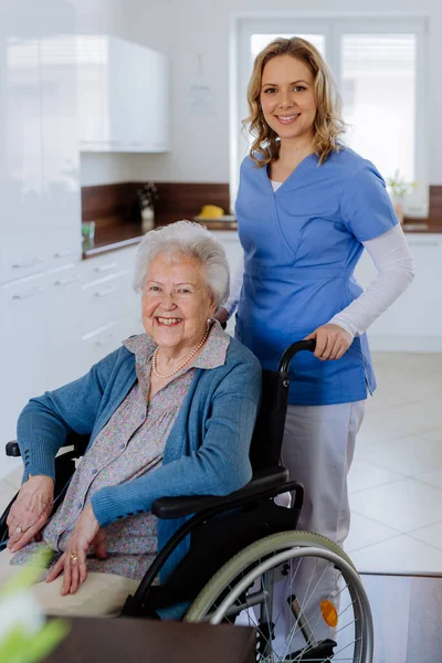 坐在轮椅上的护士和她的大客户的画像 — 图库照片