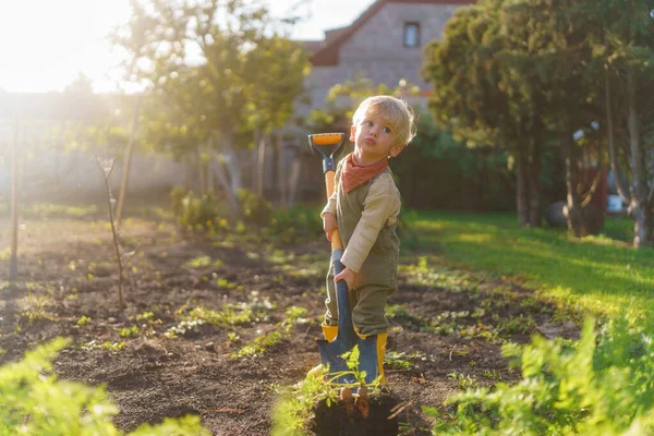 Little Boy Spade Working Garden Autumn Day — Stock Photo, Image
