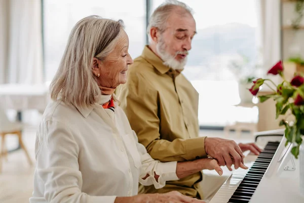 Oudere Echtparen Die Samen Piano Spelen Hun Woonkamer — Stockfoto