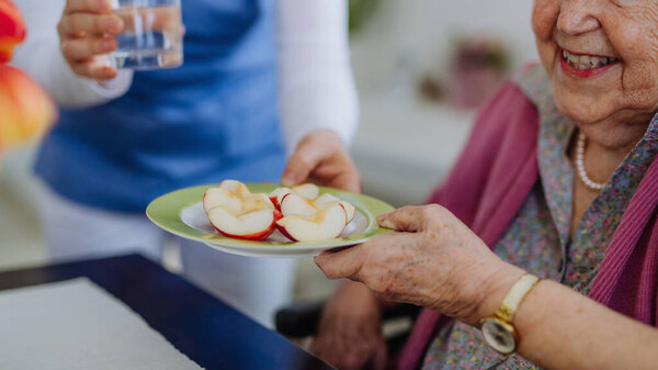 Caregiver giving fruit snack to senior woman.